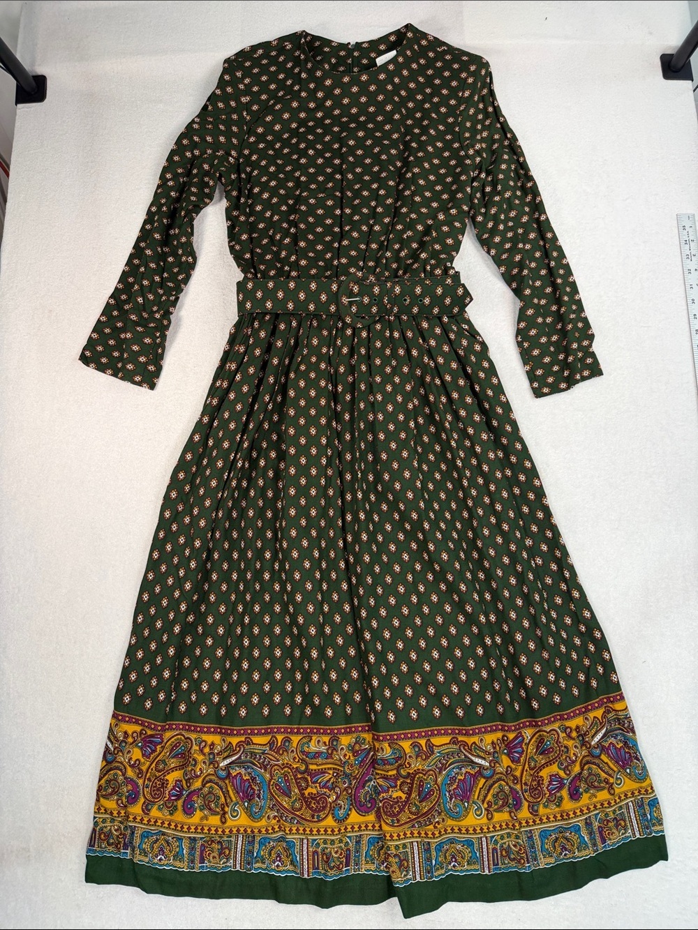 VTG Bedford Fair Hunter Green Floral Maxi Dress Rayon Border Print Boho 10